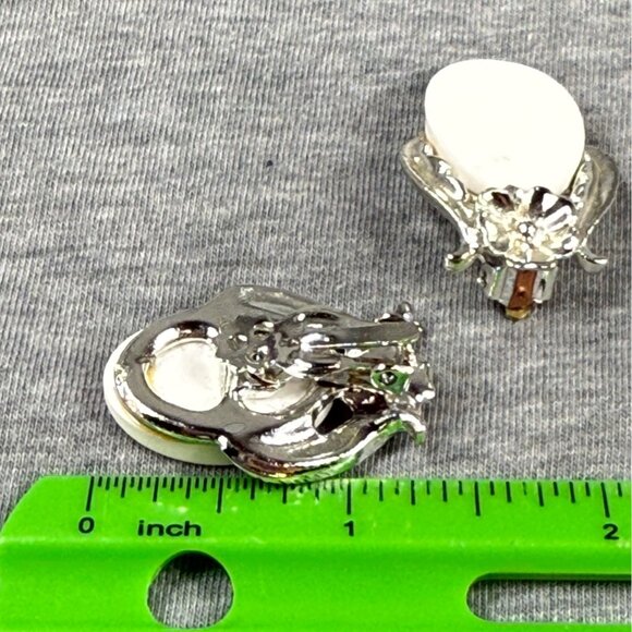 Vintage Silver-Tone Clip-On Earrings With Floral Design & White Oval Accents - Picture 9 of 16